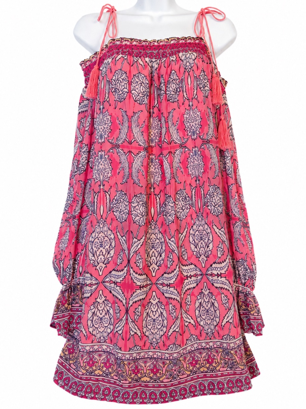 Champagne & Strawberry Pink‎ Boho Off Shoulder Tassel Dress Size Small
